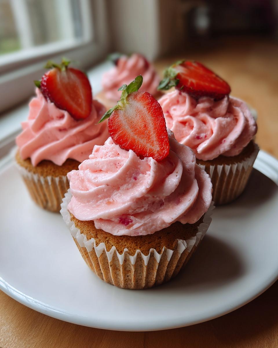 Four delicious strawberry cupcakes topped with pink frosting and fresh strawberry halves, ready to eat.