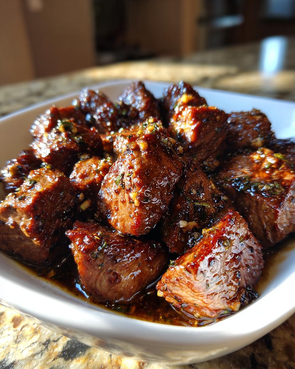 Close-up of tender, cubed crockpot steak pieces coated in a rich, dark glaze with visible herbs and garlic.