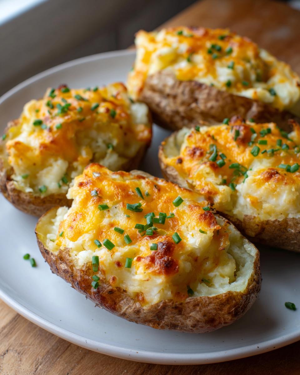 Four perfectly baked twice baked potatoes stuffed with creamy filling, topped with melted cheddar cheese and fresh chives.