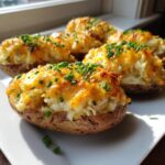 Four golden brown twice baked potatoes stuffed with cheesy filling and topped with fresh green chives.