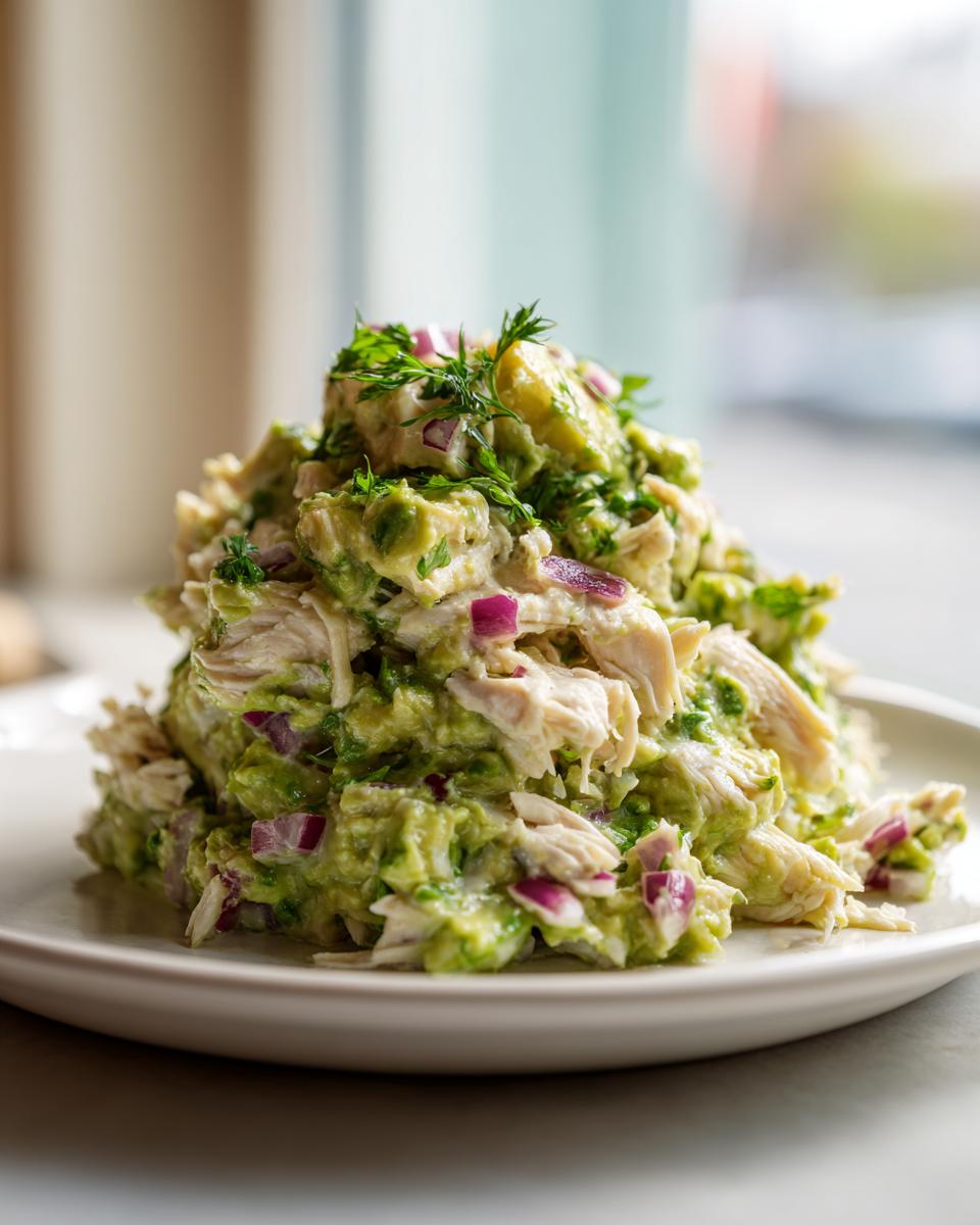 A close-up of a fresh mound of avocado chicken salad mixed with chunks of avocado and diced red onion, garnished with herbs.