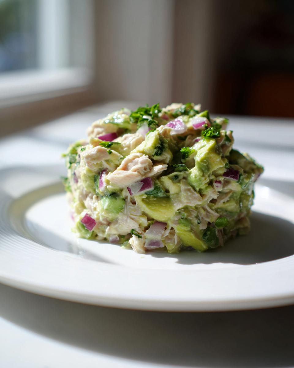 A perfectly molded serving of avocado chicken salad mixed with chunks of avocado and red onion, garnished with parsley.