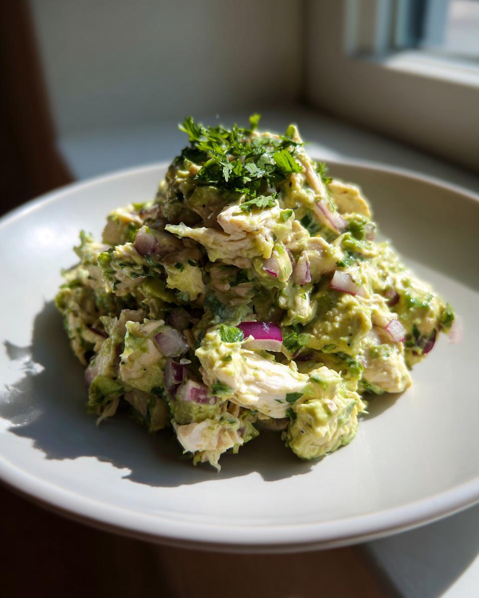 A mound of creamy avocado chicken salad mixed with red onion, topped with fresh cilantro, served on a light plate.