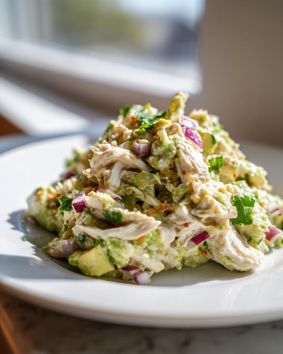 A mound of creamy avocado chicken salad featuring shredded chicken, chunks of avocado, and diced red onion, garnished with cilantro.