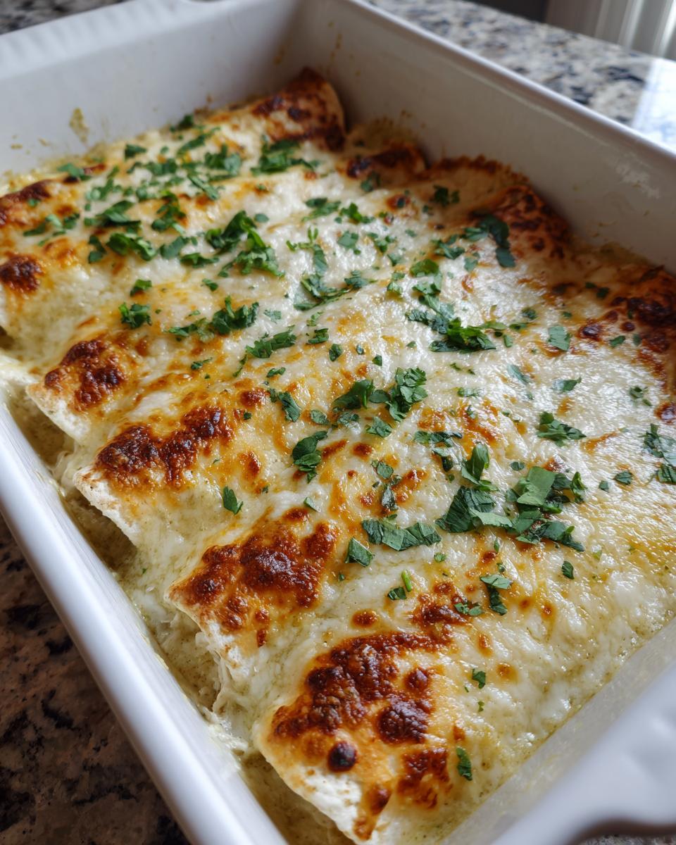 Close-up of baked green chile chicken enchiladas covered in melted, bubbly white cheese and fresh cilantro.