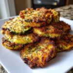 A stack of golden brown, crispy baked parmesan zucchini slices on a white plate.