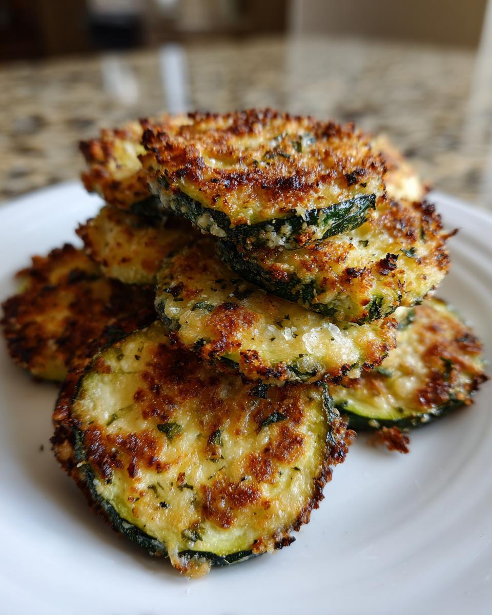 A stack of perfectly golden and crispy baked parmesan zucchini slices on a white plate.