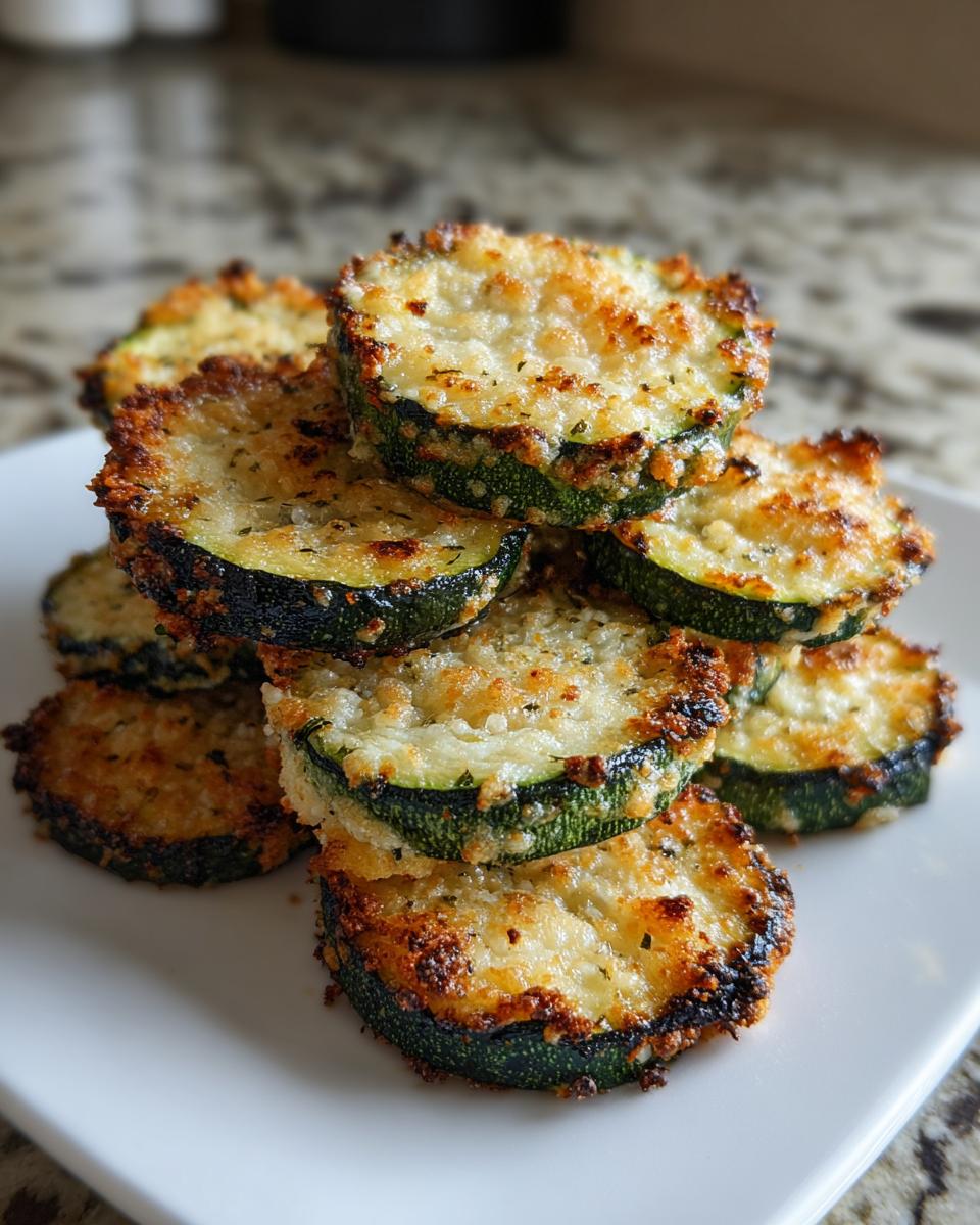 A stack of perfectly crispy baked parmesan zucchini slices topped with melted, golden cheese.