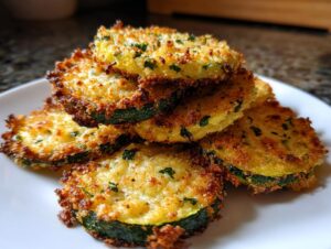 A stack of crispy, golden brown baked parmesan zucchini slices garnished with parsley on a white plate.