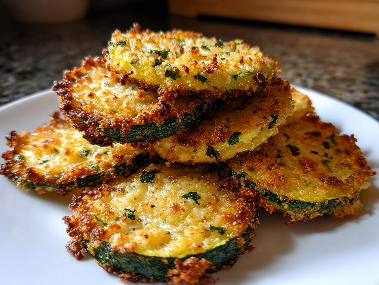 A stack of crispy, golden brown baked parmesan zucchini slices garnished with parsley on a white plate.