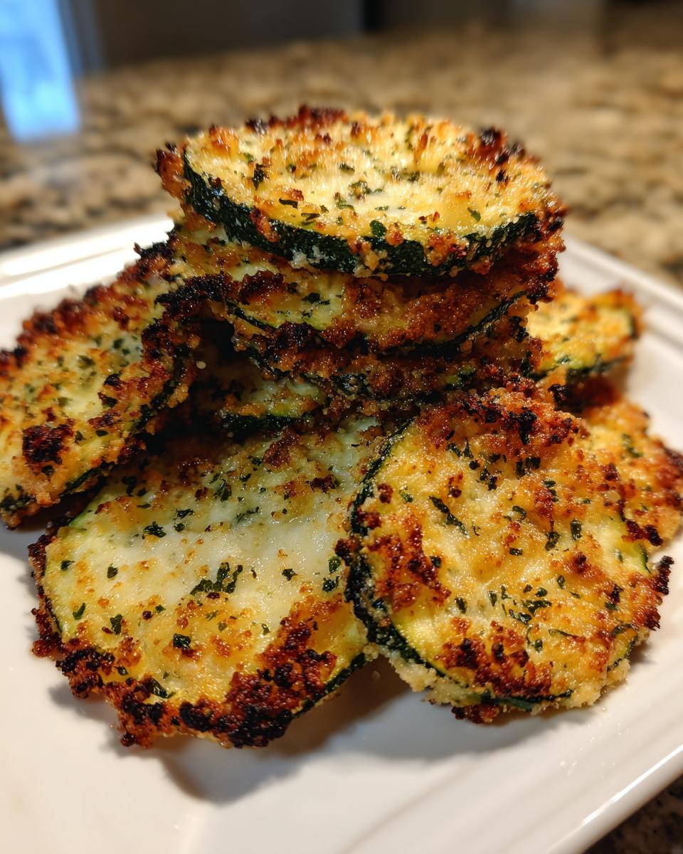 Close-up of a stack of golden brown, crispy baked parmesan zucchini slices seasoned with herbs.
