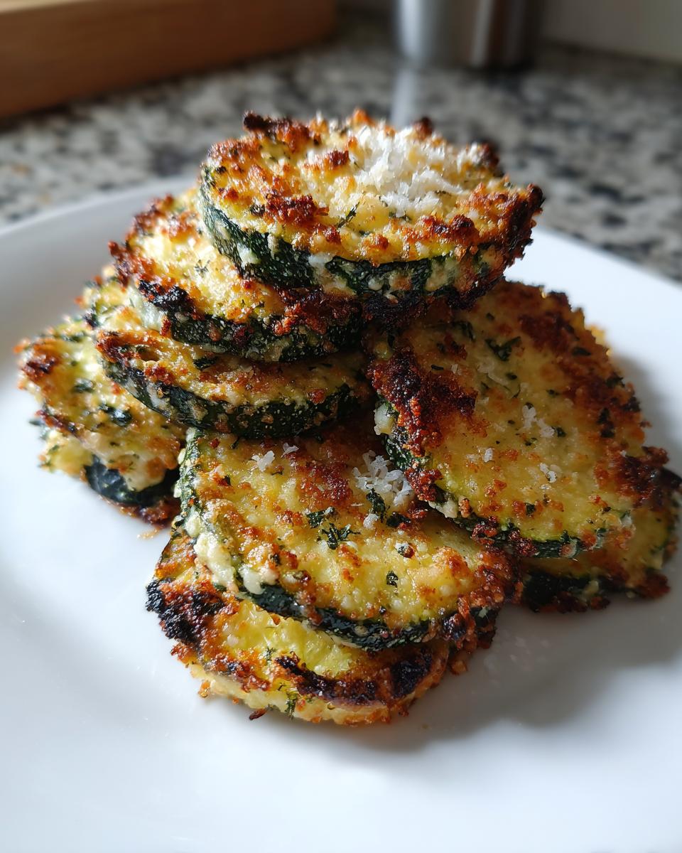 A stack of crispy, golden-brown baked parmesan zucchini slices sprinkled with extra cheese.