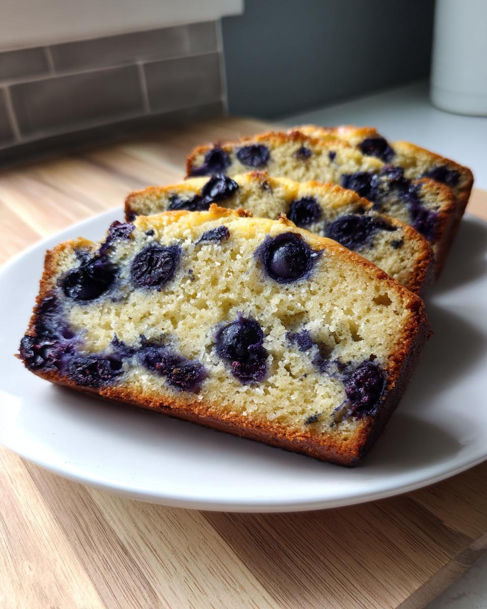 Close-up of three moist slices of blueberry banana bread featuring visible blueberries, served on a white plate.