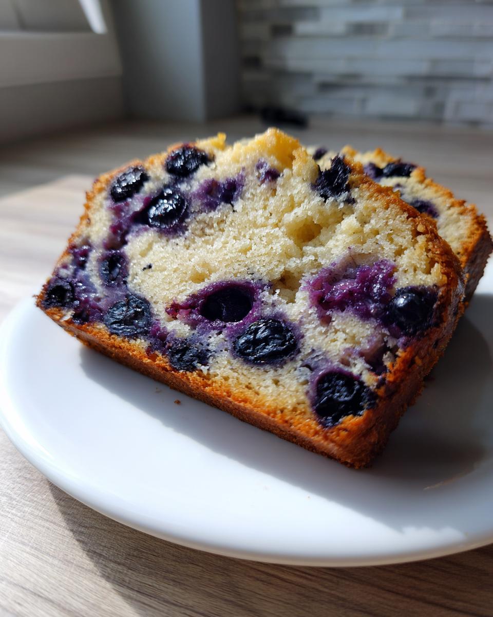 Close-up of two moist slices of blueberry banana bread with visible blueberries on a white plate.