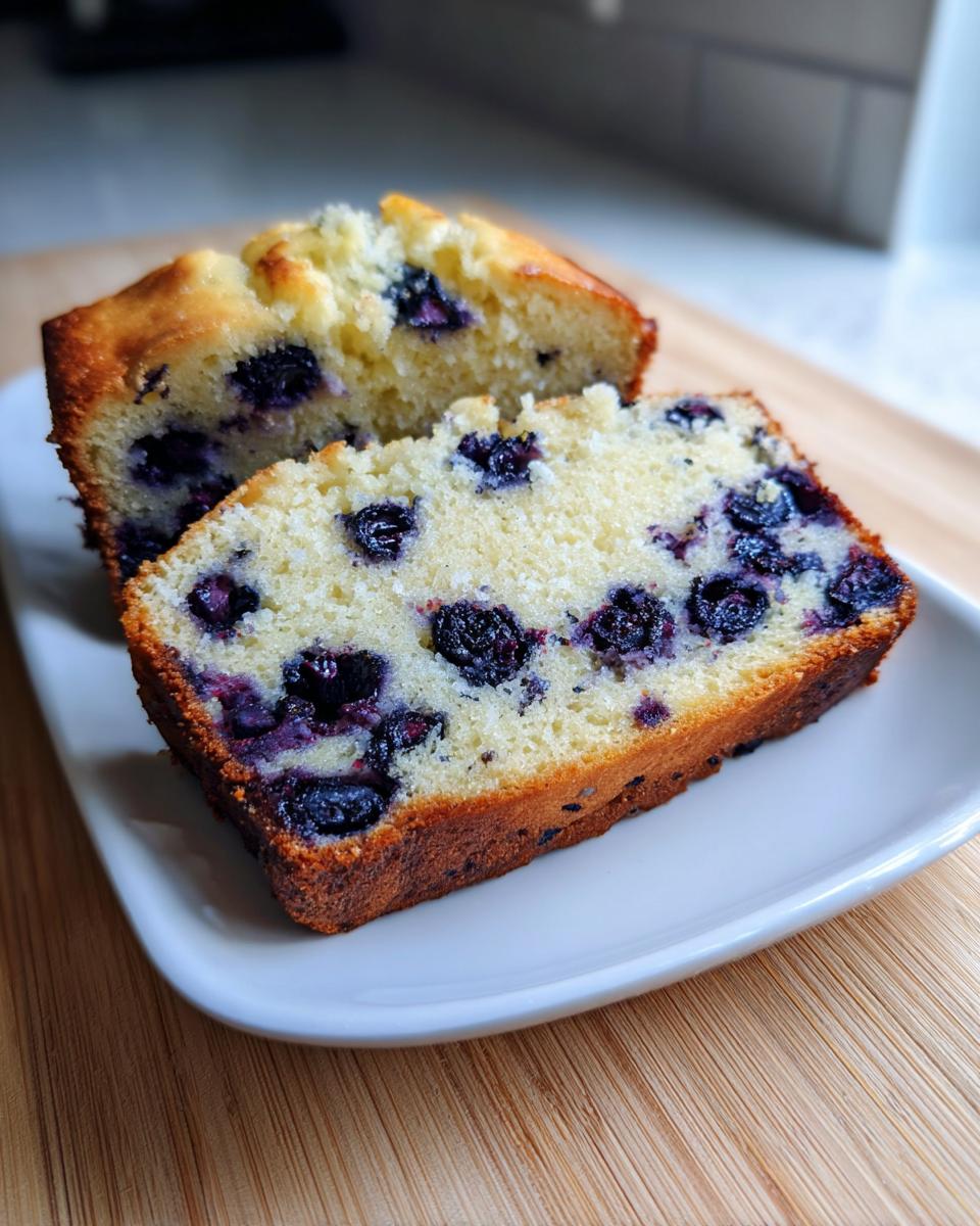 Two thick slices of moist blueberry banana bread showing juicy blueberries baked into the tender crumb.