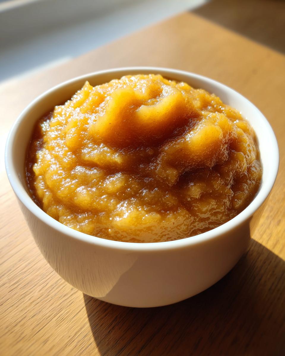 A close-up of a white bowl filled with chunky, golden-brown homemade applesauce, sitting on a wooden table.