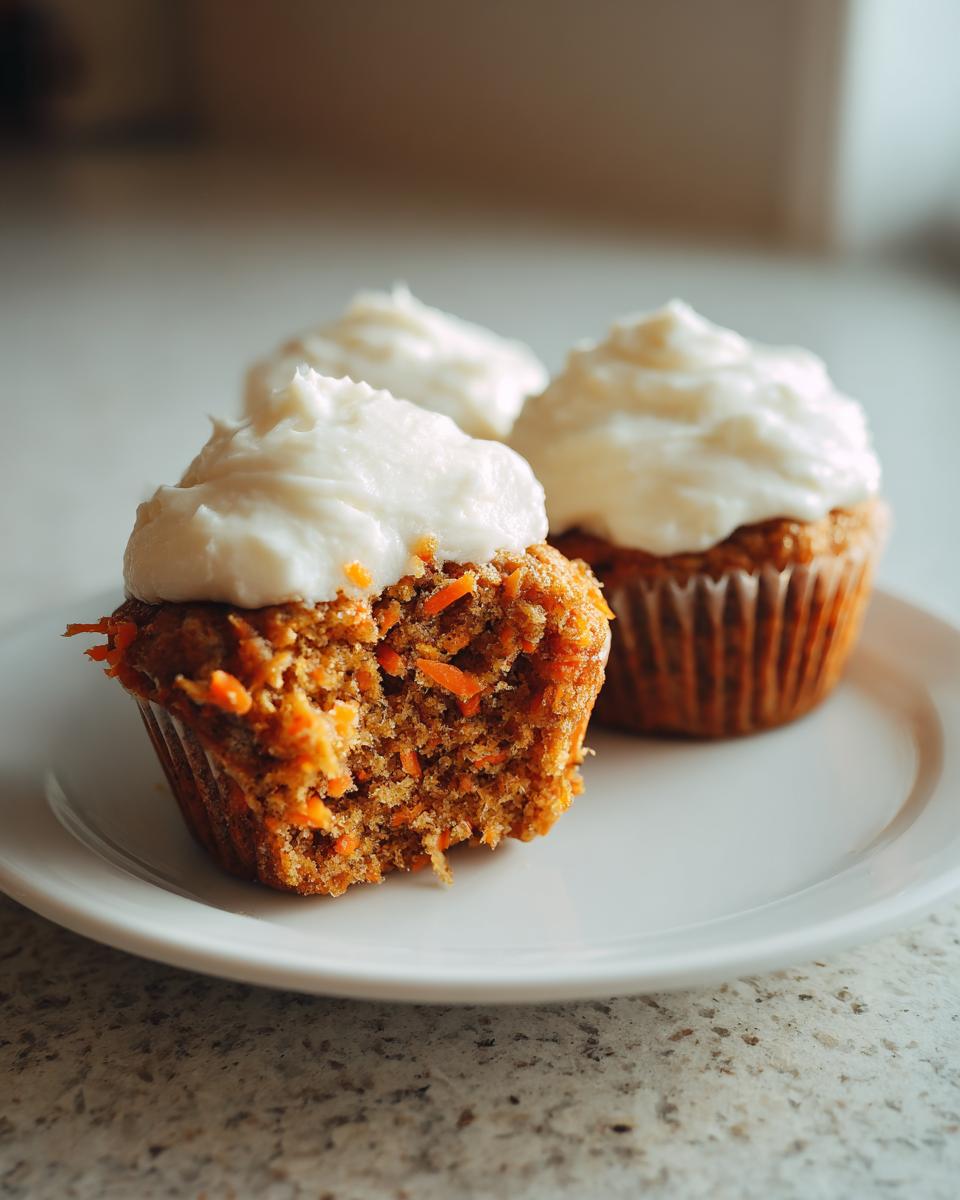 Close-up of delicious carrot cake muffins, one with a bite taken out showing moist texture and shredded carrots.