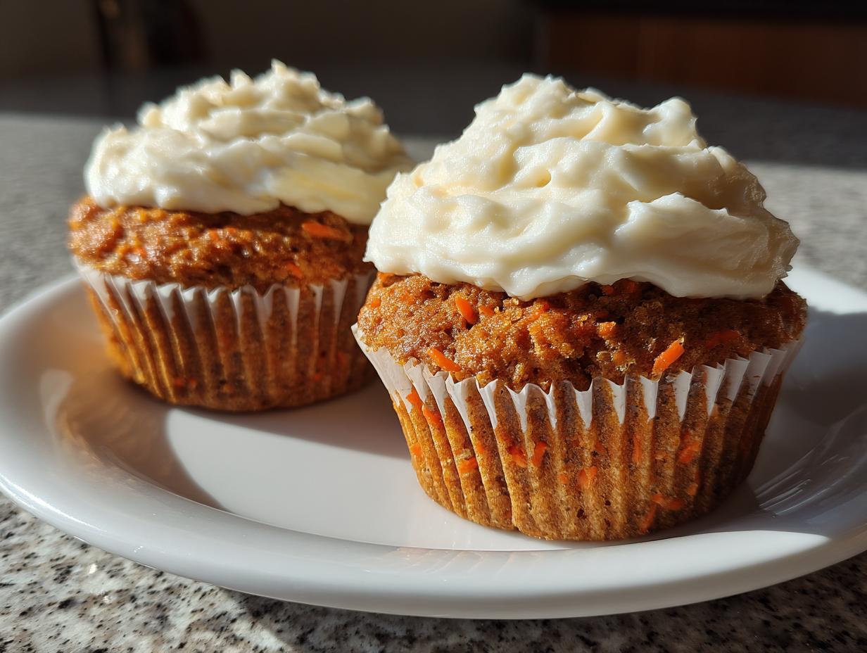 Two delicious carrot cake muffins topped with thick cream cheese frosting, sitting on a white plate.