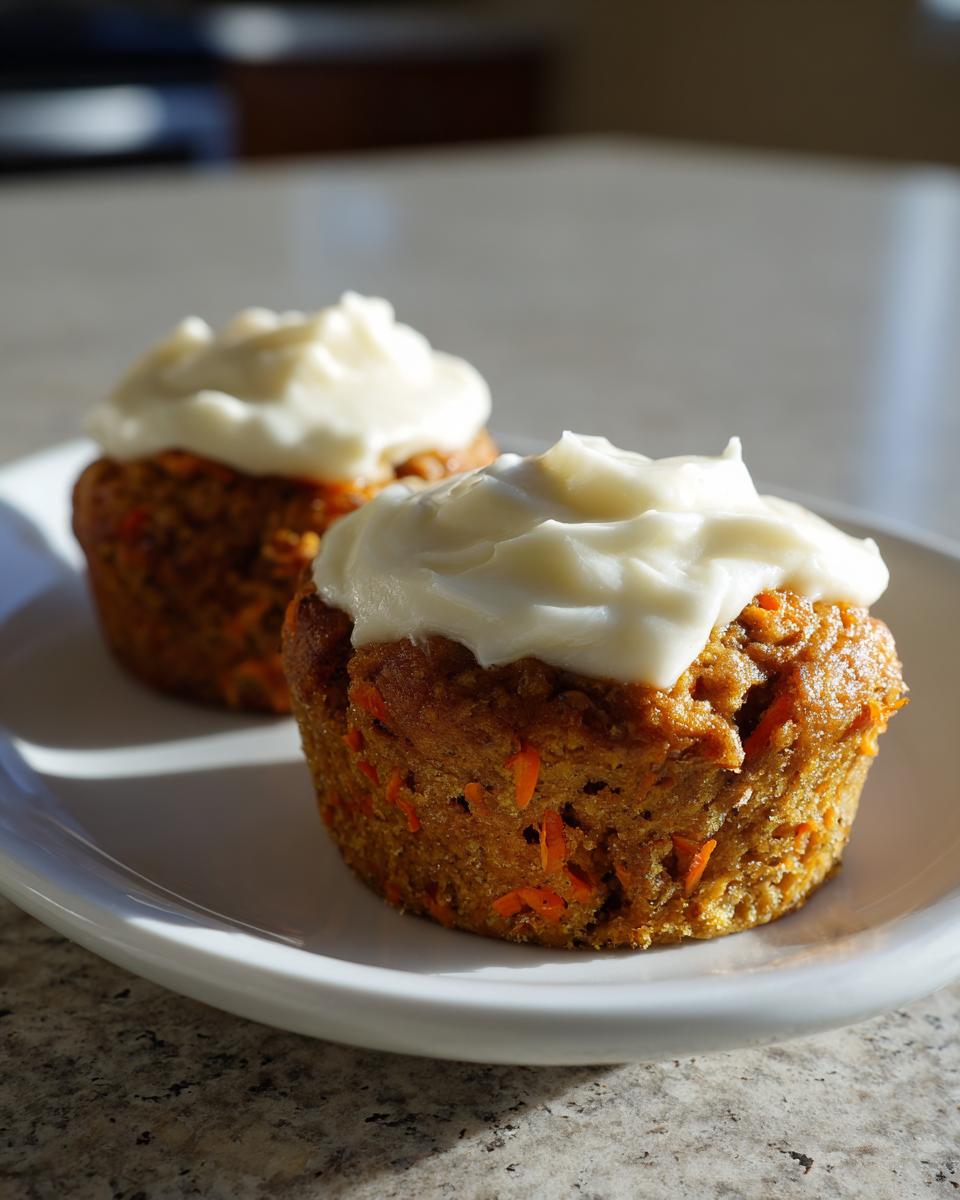 Close-up of two delicious carrot cake muffins topped with thick cream cheese frosting, sitting on a white plate.