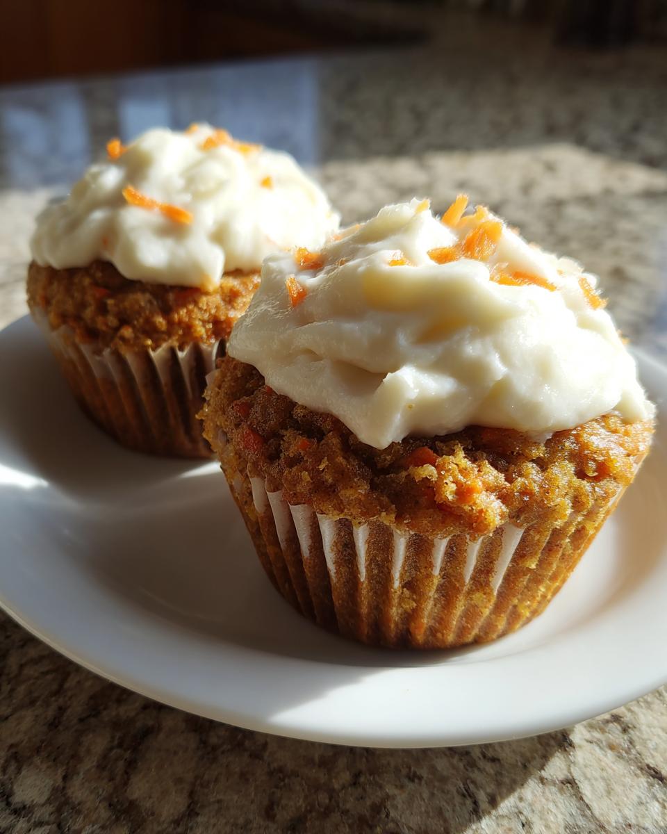 Two delicious carrot cake muffins topped with thick cream cheese frosting and shredded carrots.
