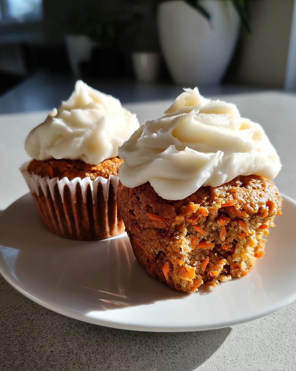 Two delicious carrot cake muffins topped with thick cream cheese frosting, one with a bite taken out showing shredded carrots.