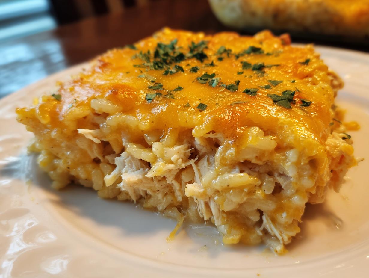 A close-up of a hearty serving of cheesy chicken and rice casserole topped with melted cheddar and parsley.