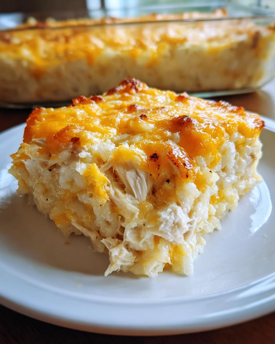 A close-up of a square serving of cheesy chicken and rice casserole with a golden, melted cheddar topping.