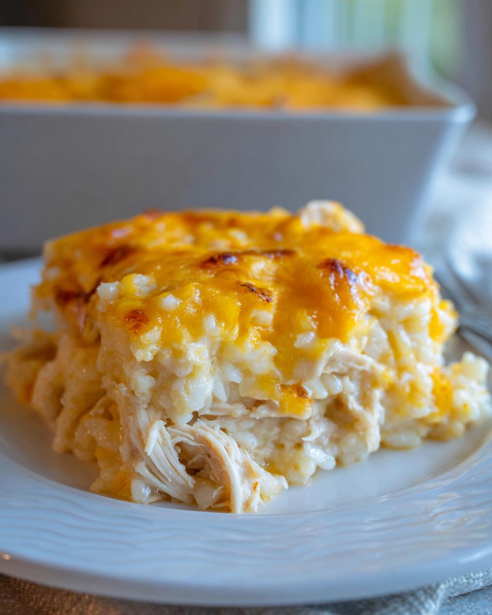 A close-up of a serving of cheesy chicken and rice casserole topped with melted cheddar cheese.
