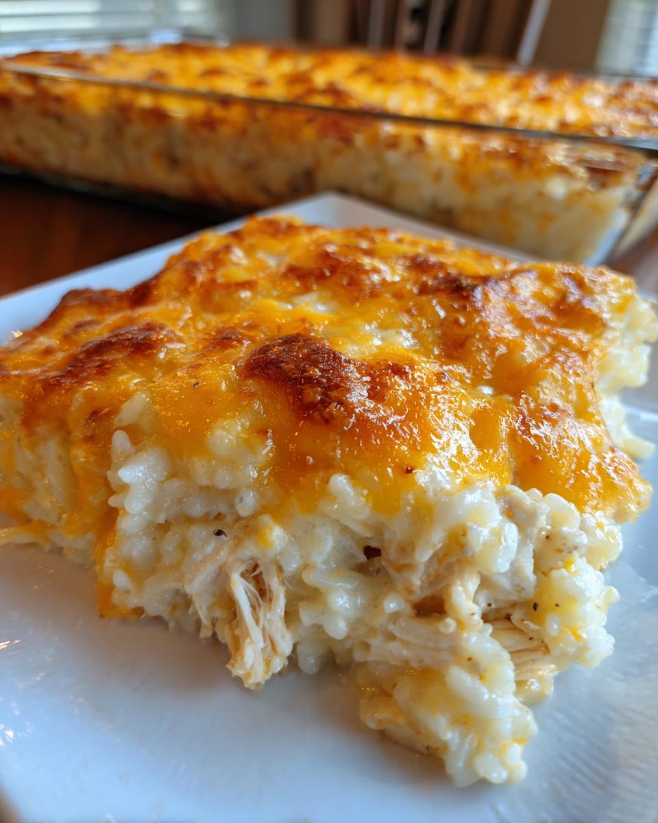 Close-up of a serving of cheesy chicken and rice casserole with a golden-brown melted cheese topping.