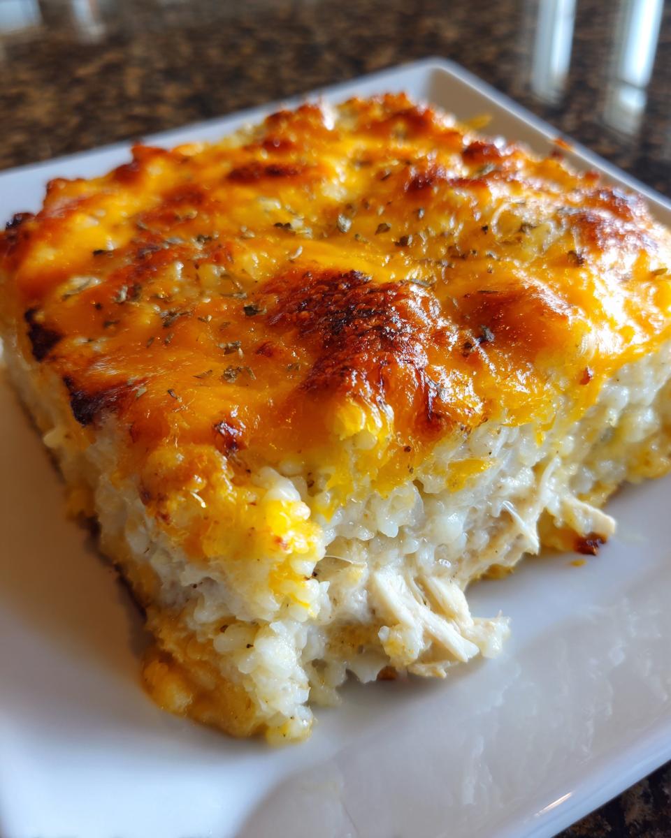 A close-up of a square serving of cheesy chicken and rice casserole with a golden-brown, bubbly cheese topping.