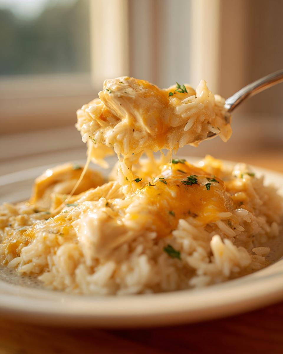 A spoonful of cheesy crock pot chicken and rice lifted from a plate, showing melted cheese strings.