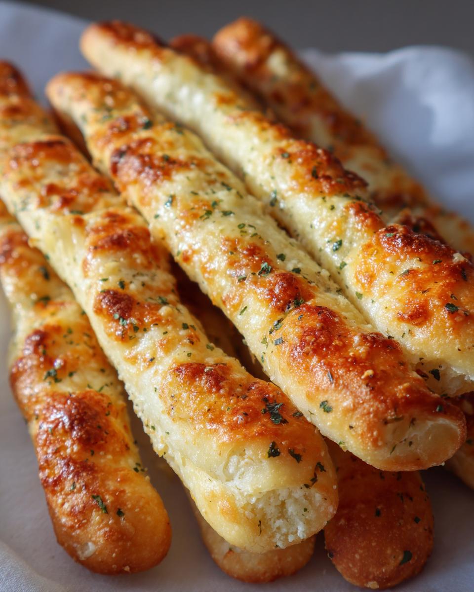 A close-up stack of golden brown, cheesy garlic breadsticks sprinkled with parsley.