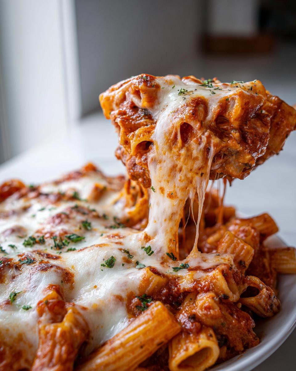 A serving spoon lifts a portion of cheesy pasta bake, showing long, stretchy mozzarella cheese pulls.