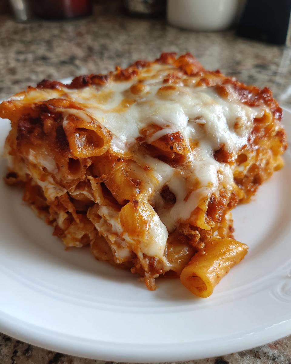 A close-up of a hearty serving of baked ziti style pasta bake topped with melted mozzarella cheese.