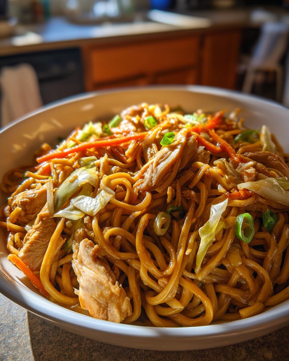 A close-up bowl of savory chicken chow mein recipe featuring noodles, sliced chicken, cabbage, and carrots.