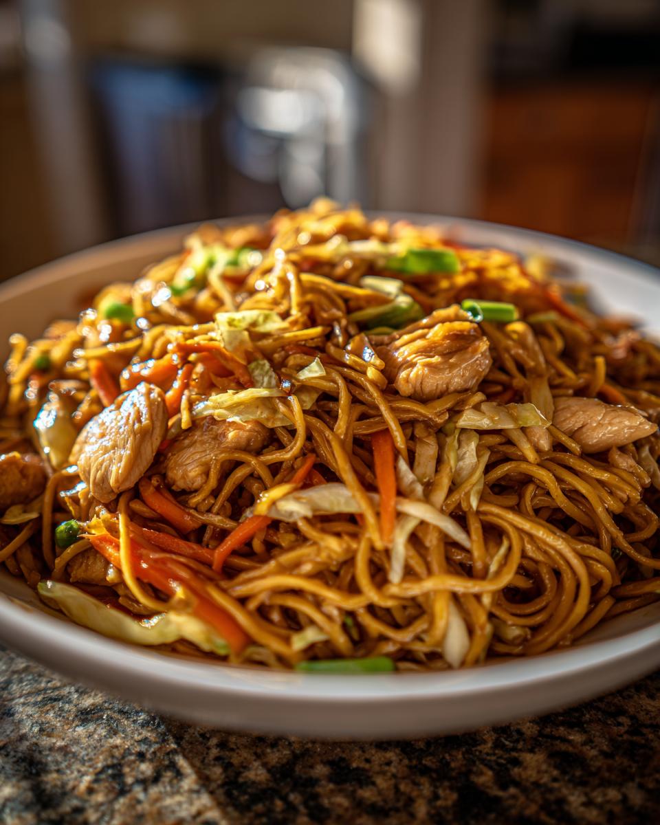 Close-up of a generous serving of homemade chicken chow mein recipe with noodles, chicken pieces, carrots, and cabbage.