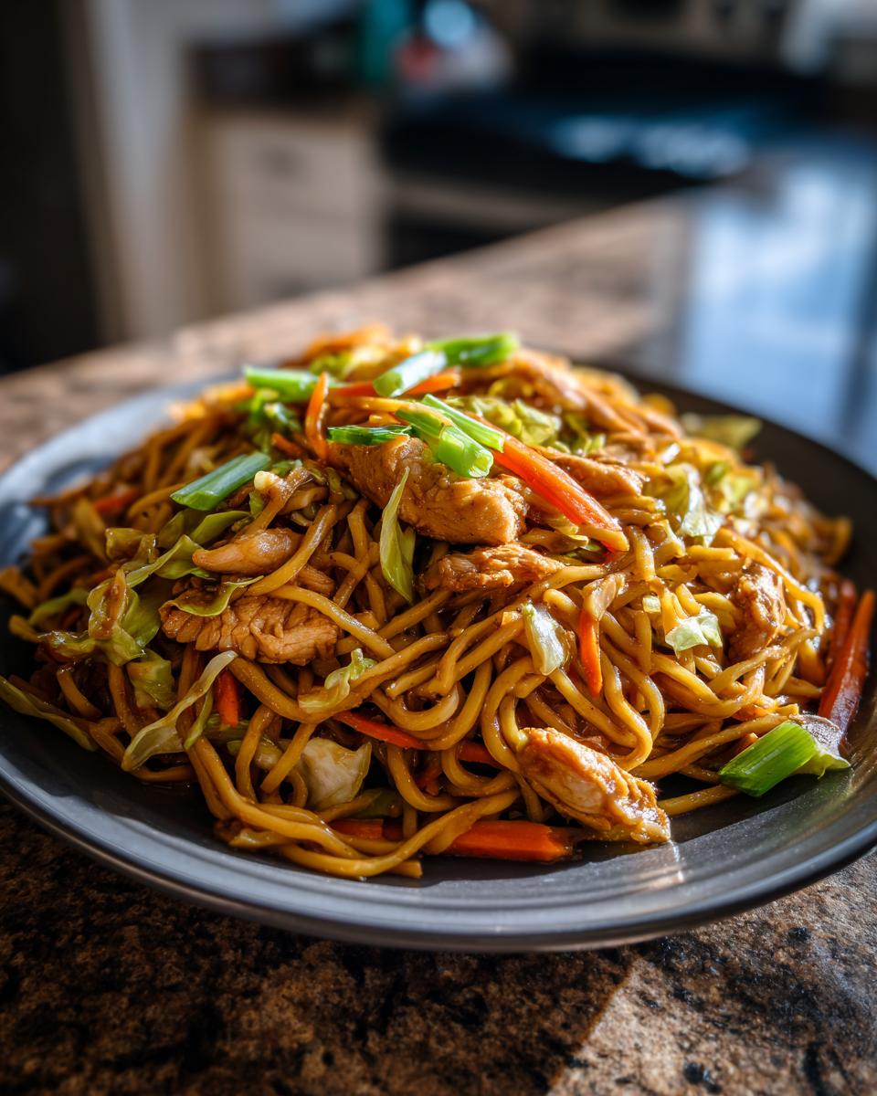 A close-up of a generous serving of homemade chicken chow mein recipe with noodles, chicken pieces, cabbage, and carrots.