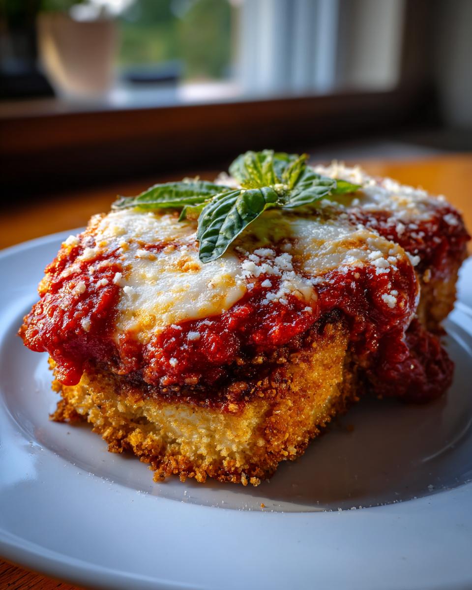 A close-up of a serving of breaded chicken parmesan recipe topped with melted mozzarella, marinara sauce, and fresh basil.