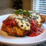A close-up of a perfectly cooked chicken parmesan recipe, featuring crispy breading, melted mozzarella, and rich tomato sauce, garnished with basil.
