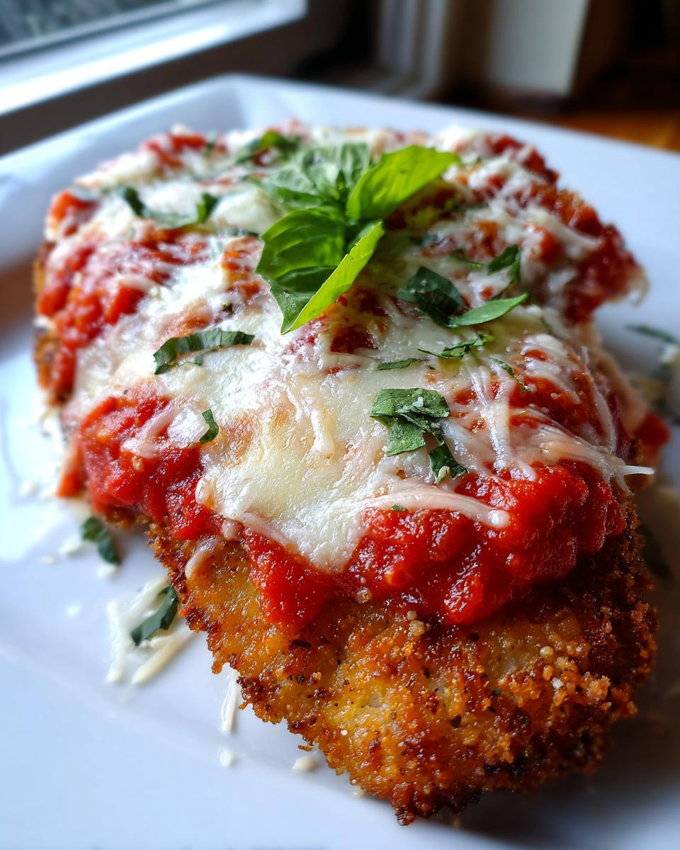 Close-up of a perfectly cooked chicken parmesan recipe cutlet topped with marinara sauce, melted mozzarella, and fresh basil.