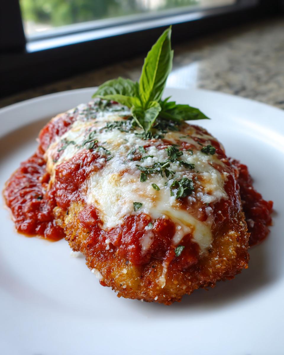 A close-up of a golden-brown chicken parmesan recipe cutlet topped with melted mozzarella, marinara sauce, and fresh basil.