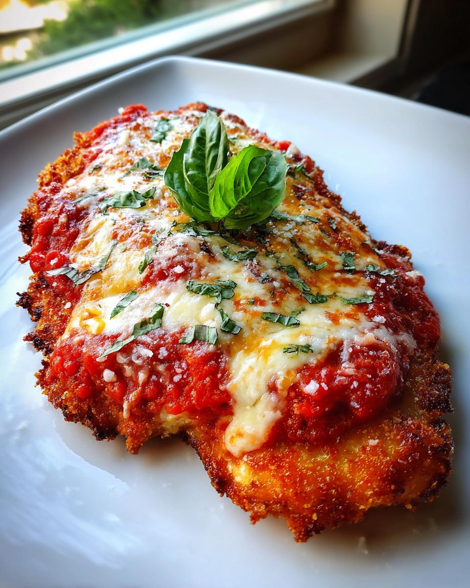 Close-up of a golden-brown chicken parmesan recipe cutlet topped with marinara sauce, melted mozzarella, and fresh basil.