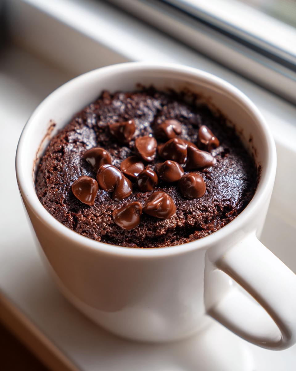 Close-up of a rich, dark chocolate mug cake topped with melted chocolate chips, ready to eat.