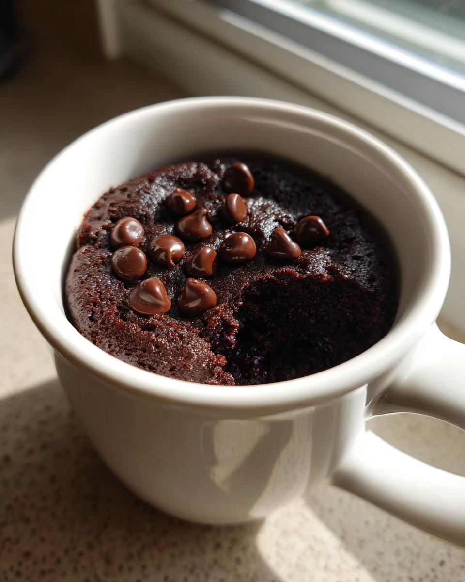 A close-up of a rich, dark chocolate mug cake topped with chocolate chips, ready to eat.
