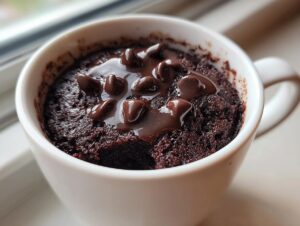 Close-up of a rich, dark chocolate mug cake topped with melted chocolate sauce and chocolate chips.