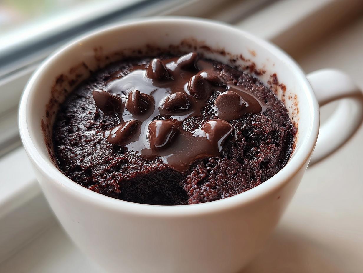 Close-up of a rich, dark chocolate mug cake topped with melted chocolate sauce and chocolate chips.