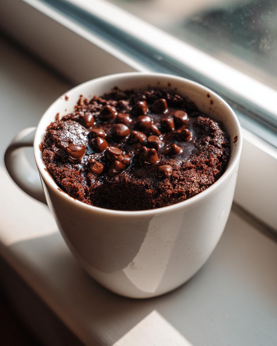 Close-up of a rich chocolate mug cake topped with melted chocolate chips, sitting on a windowsill.