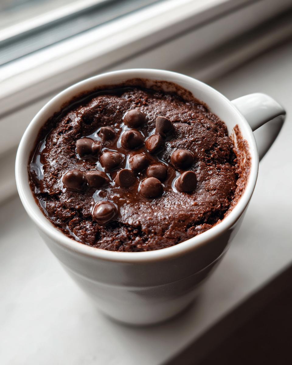 A rich, dark chocolate mug cake topped with melted chocolate chips, served in a white mug.