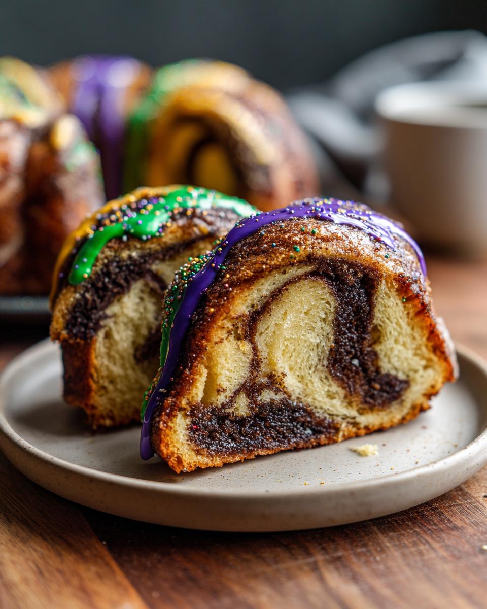 Close-up of two slices of chocolate swirl King Cake topped with purple and green icing and sprinkles.