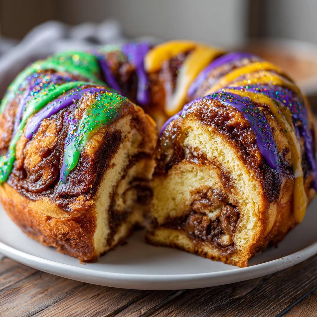 A rich, cinnamon-swirl King Cake, drizzled with purple, green, and yellow icing and sprinkles, cut to show the interior.